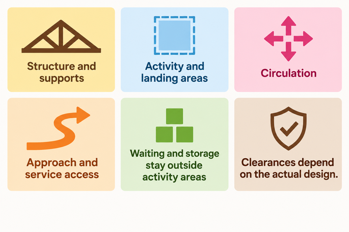 Total footprint includes supports, activity, landing, circulation and service access; final clearances depend on design.