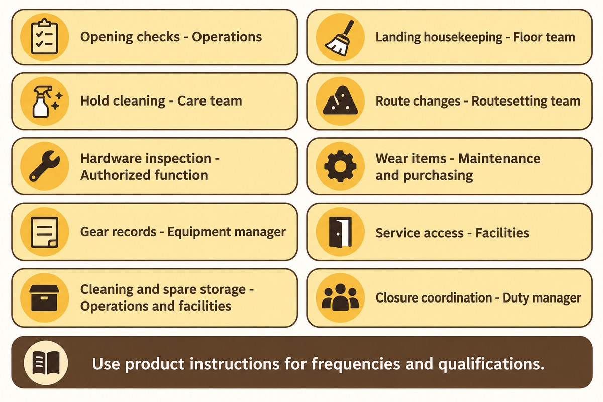 Assign ten equipment-care tasks to named functions; intervals come from product instructions, not a generic calendar.