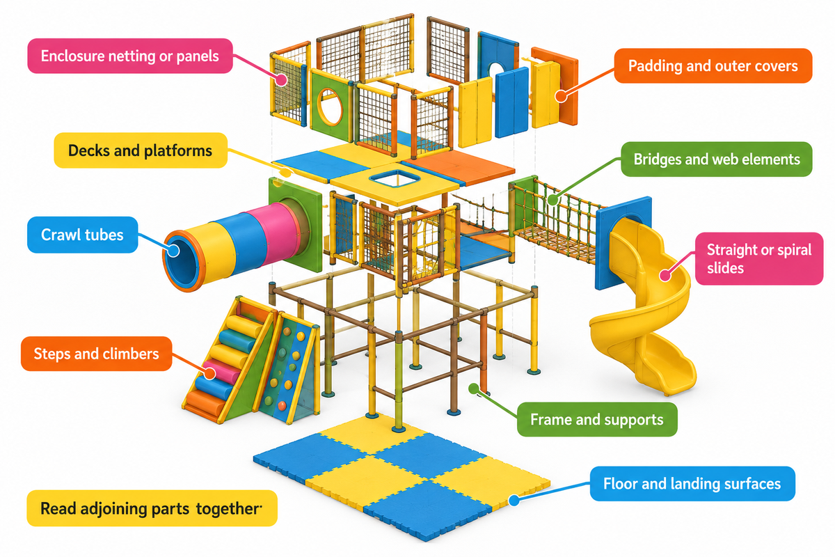 Nine component roles include supports, enclosure, padding, climbers, tubes, bridges, slides and floor surfaces.