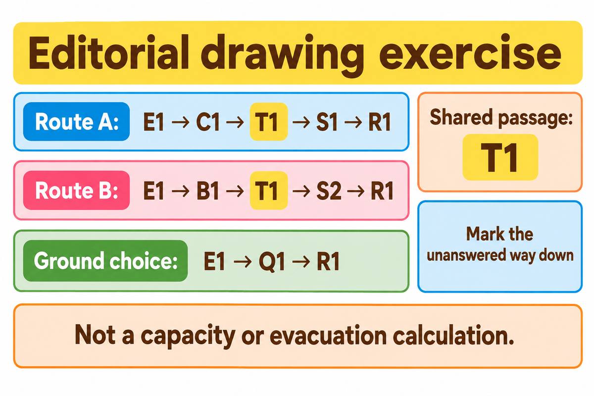 Editorial routes A and B share T1; a ground choice bypasses it. Route count does not establish safe capacity.