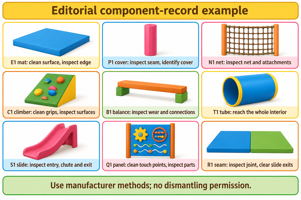 An editorial nine-part access ledger links component IDs to cleaning and inspection tasks, subject to manufacturer methods.