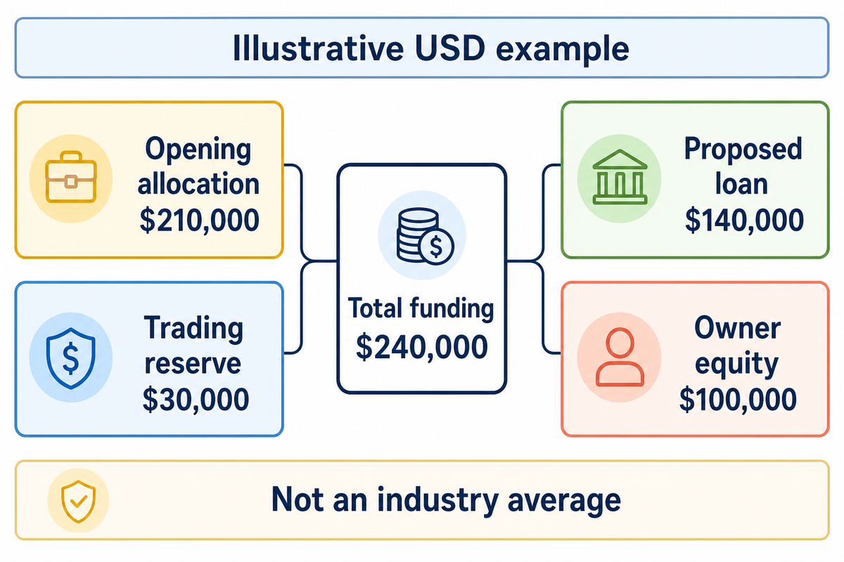 Illustrative USD funding: $210,000 opening plus $30,000 reserve equals $140,000 loan plus $100,000 equity.