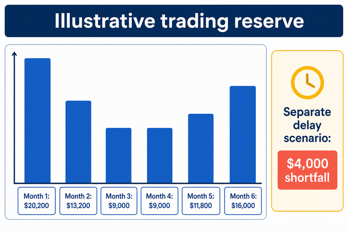 Illustrative reserve falls to $9,000; a separate $13,000 opening delay creates a $4,000 shortfall.