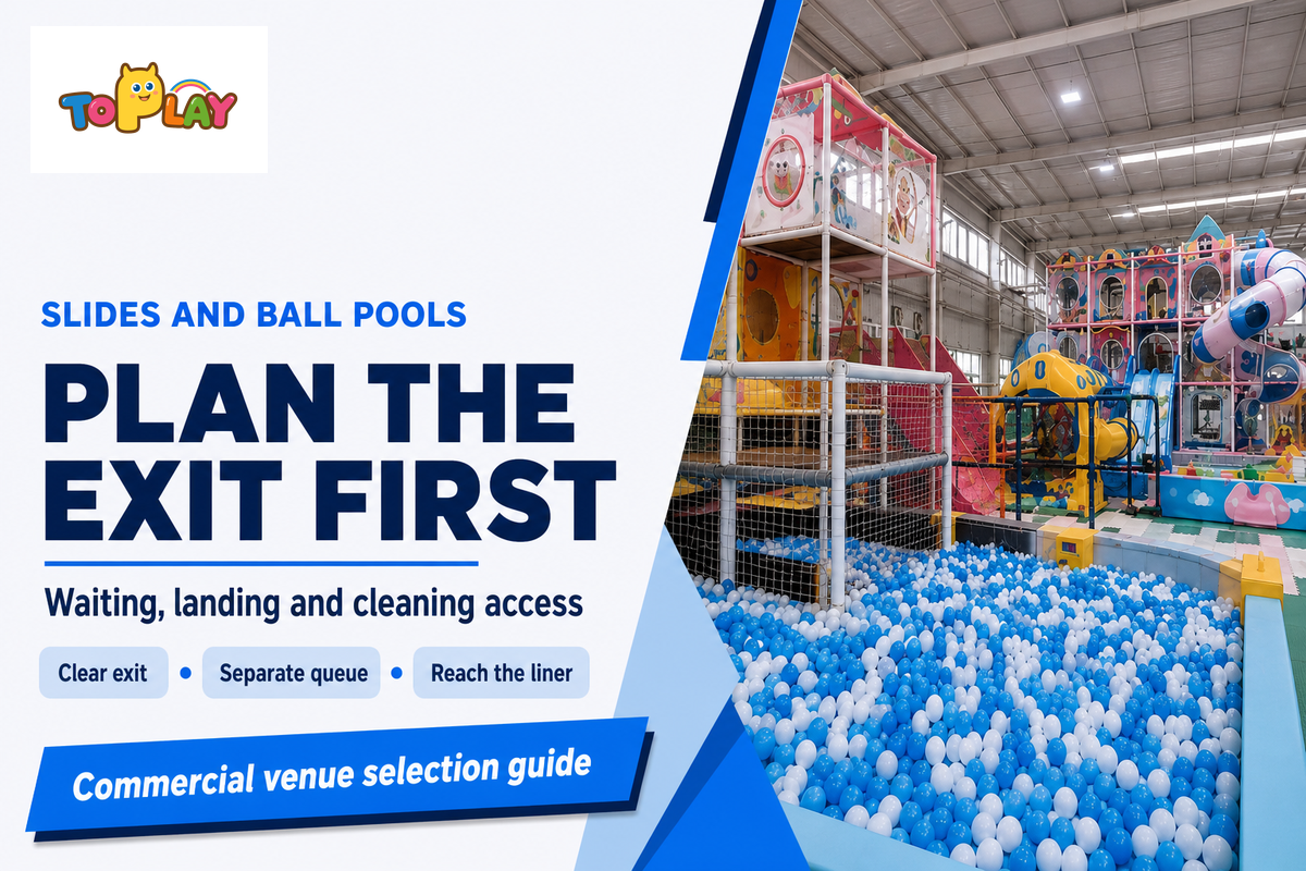 Slide exits, waiting positions and ball-pool cleaning routes need separate space; CPSC review and supplier guidance.