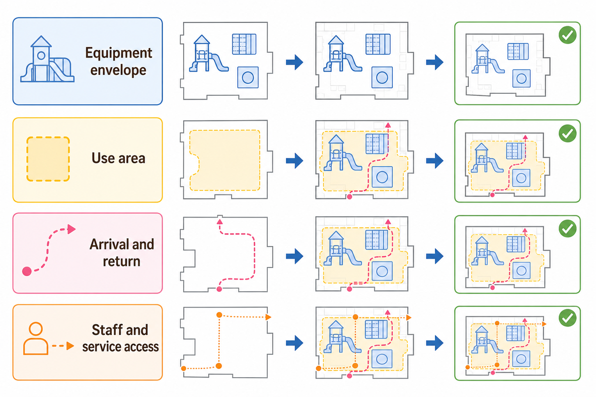 The 4-Space Fit Test checks equipment, use, circulation and service layers; article planning framework.