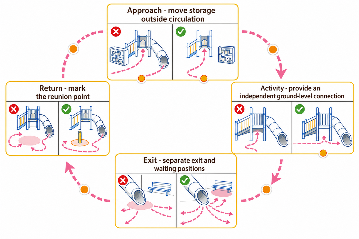 Approach, activity, exit and return reveal four route conflicts; article's hidden bottleneck map and Access Board context.