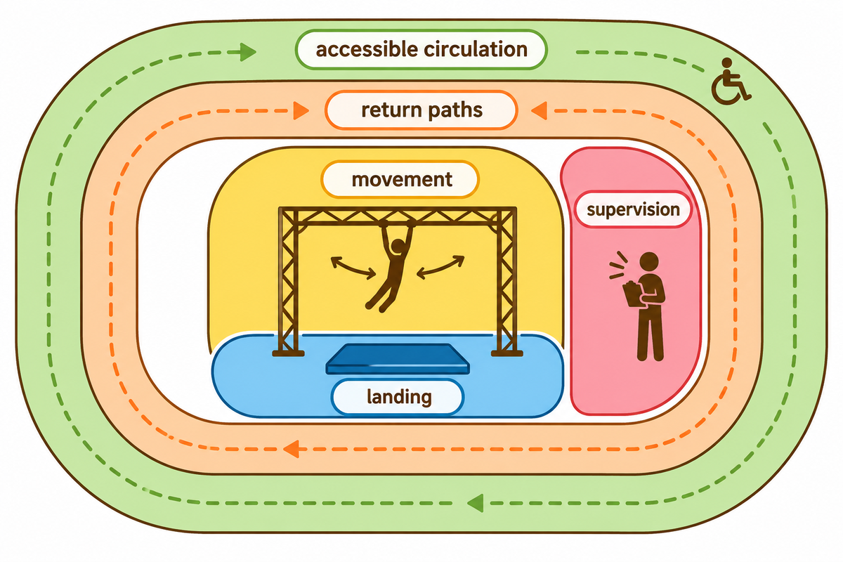 Reserve movement, landing, supervision, circulation and return paths (US Access Board; editorial sketch).