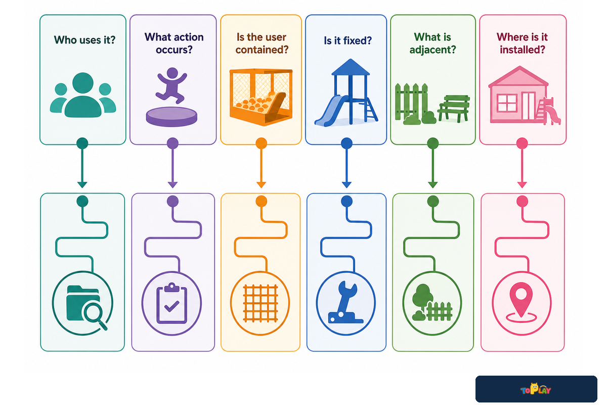 Six-question Soft Play Boundary Map routes evidence by users, action, containment, anchoring, adjacency, and location.