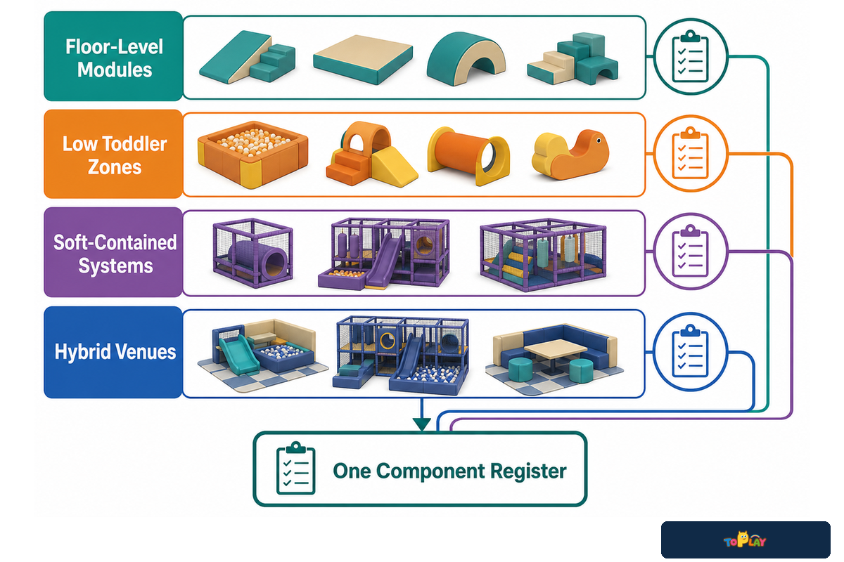 Four-family map separates floor modules, toddler zones, contained systems, and hybrids into distinct evidence routes.