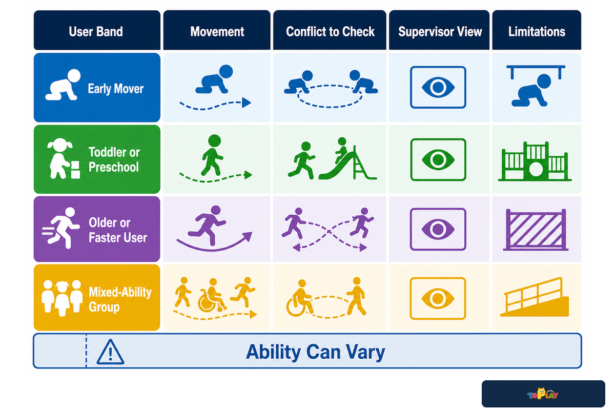 Age × Action matrix reviews movement, conflict, sightlines, and limits for four user bands; CPSC supervision guidance.