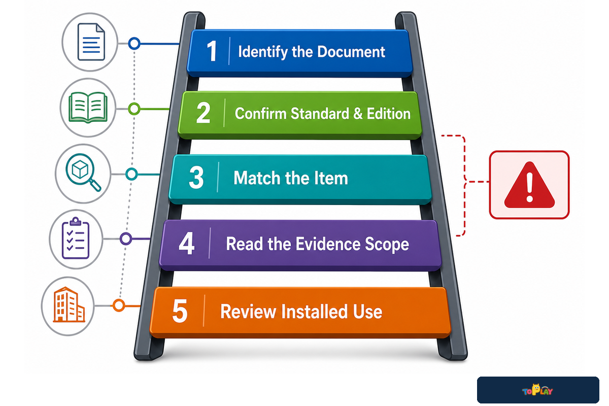 Five-rung evidence ladder checks document identity, edition, item match, scope, and installed use; ASTM F1918-21.