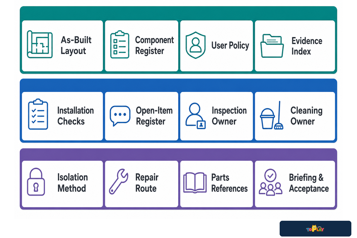 Opening Readiness Record covers 12 fields from as-built layout through briefing and acceptance; Toplay owner baseline.