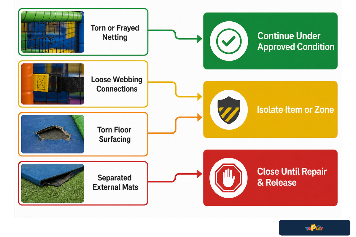 Inspection findings route to continue, isolate, or close until repair and release; historical CPSC soft-play checklist.