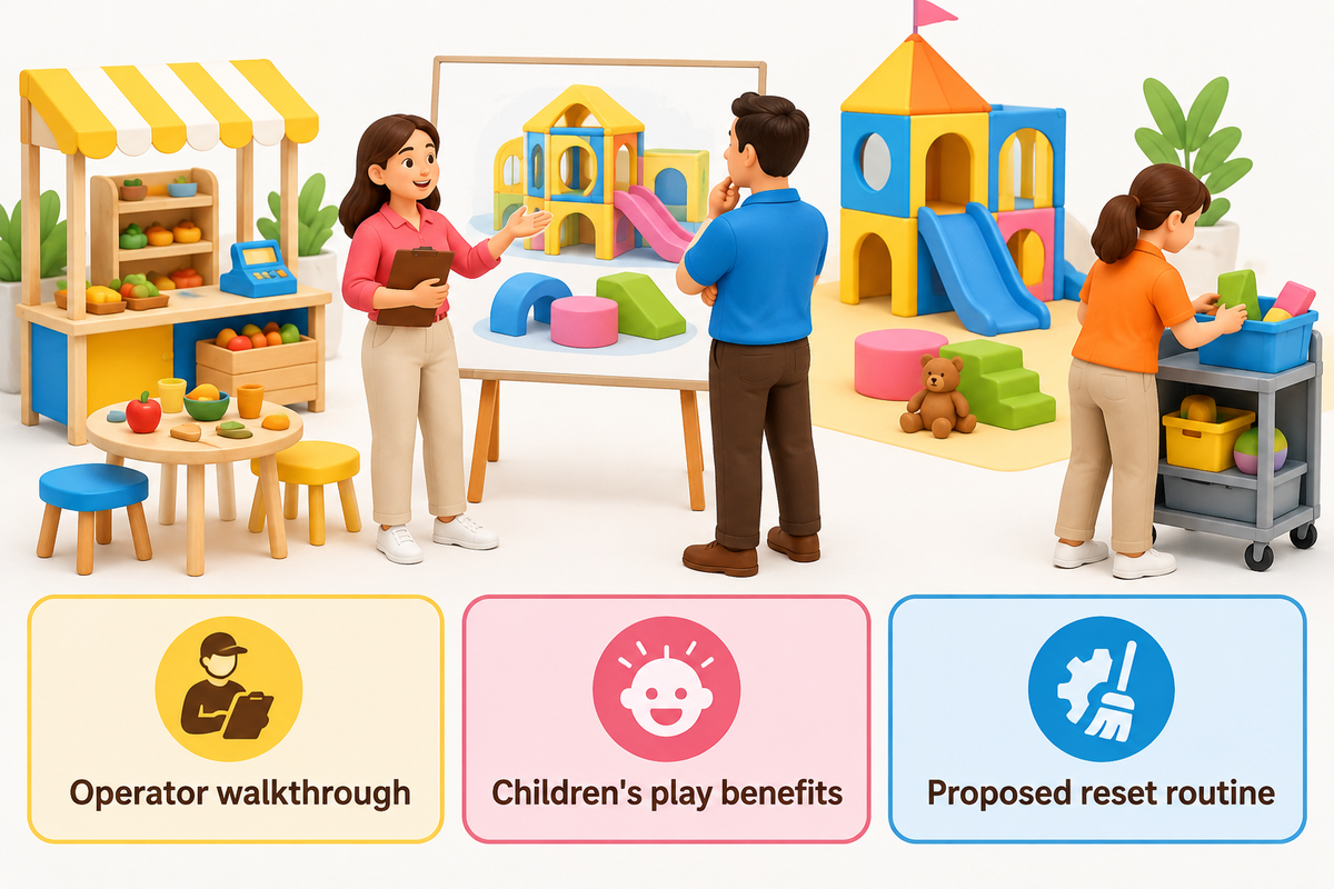 Compare the play benefits and operator reset routine of the same pretend-play concept.
