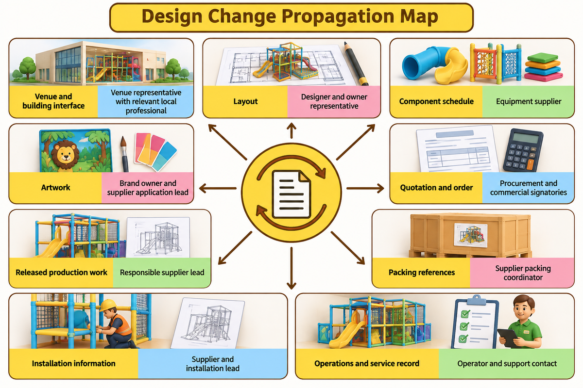 A change review traces nine information packages and their responsible reviewers before modified work is released.