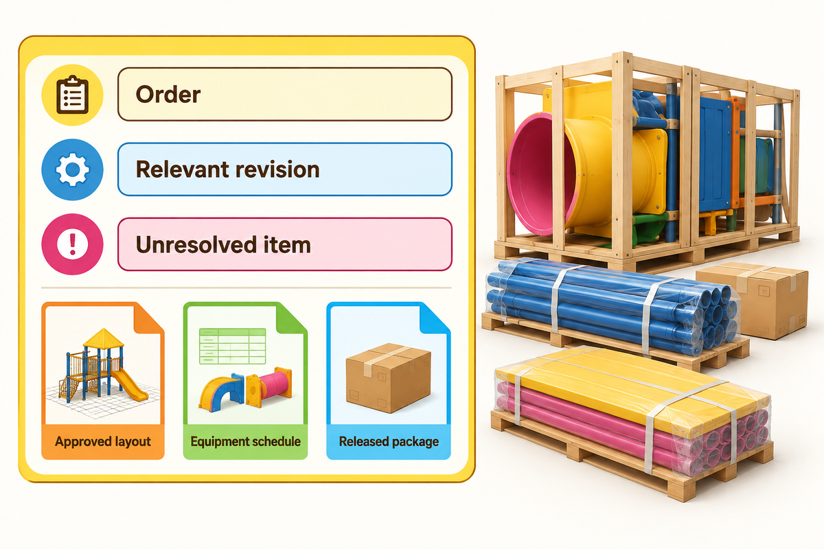 Supplier progress updates identify the order, relevant revision and unresolved item against the approved package.