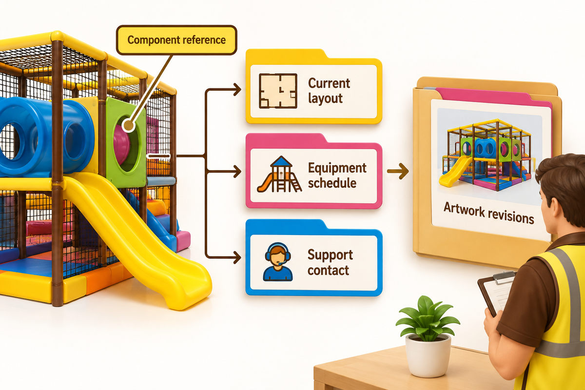 A useful operating record links current layout, equipment schedule, component reference and support contact.