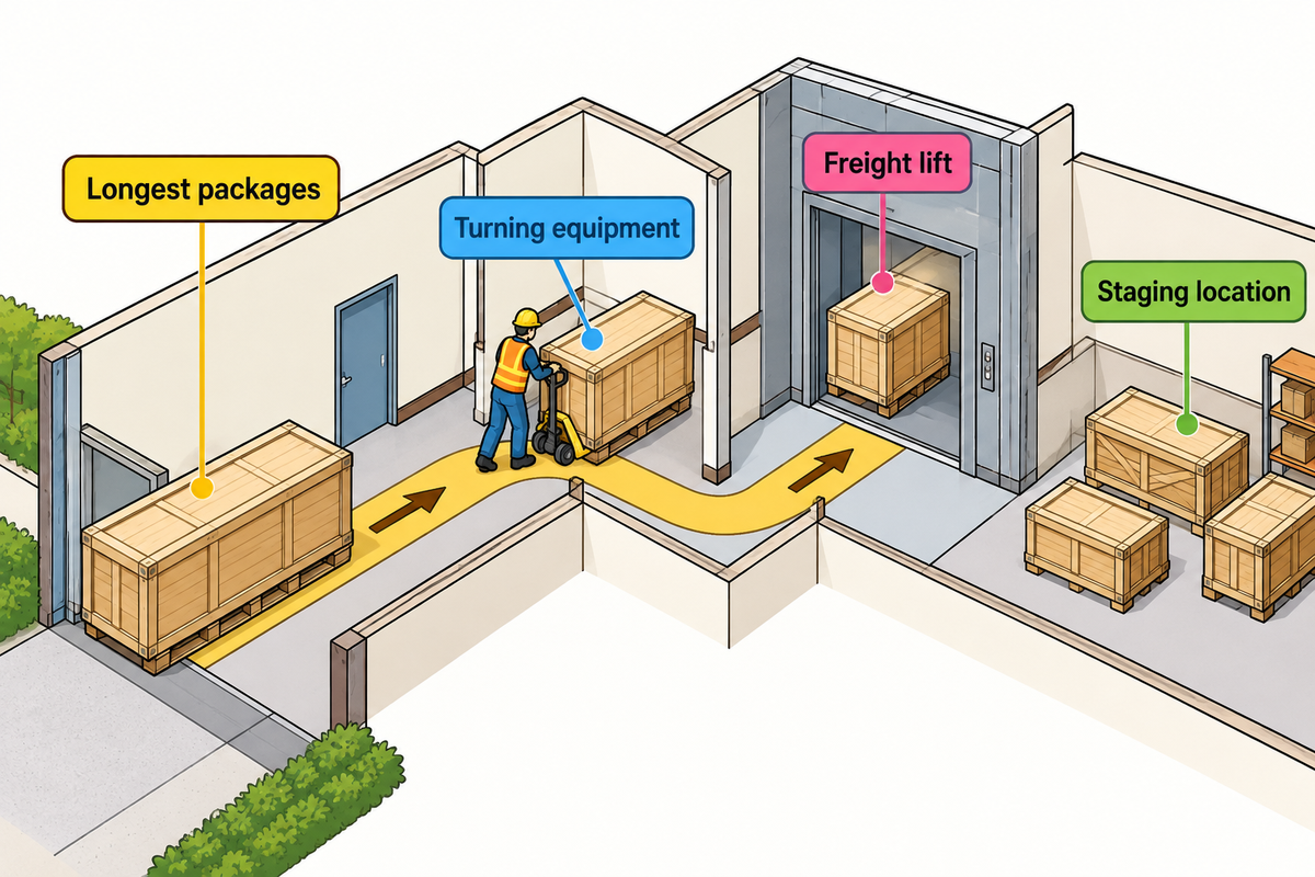 Survey the complete receiving route for long packages, turning equipment, freight lift and staging