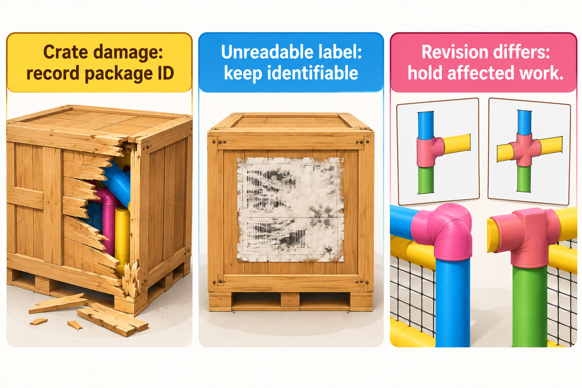 Receiving exception examples show package identification, unreadable labels and drawing revision holds