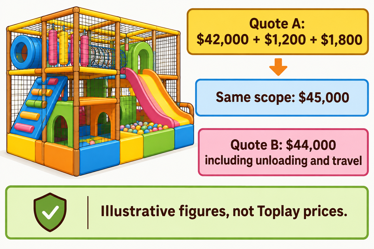Hypothetical quote comparison adds excluded unloading and travel before comparing the same scope