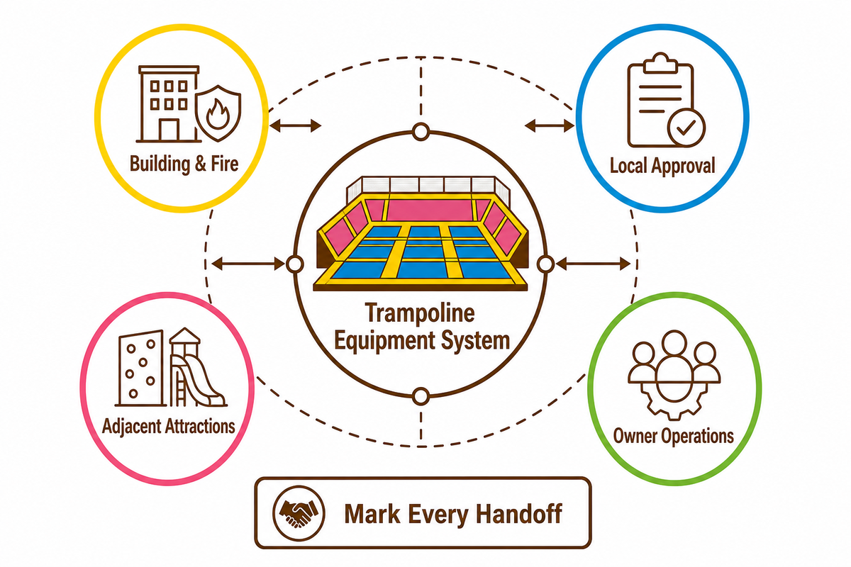 System boundary map separates trampoline equipment from building, local approval, adjacent attractions and owner operations.