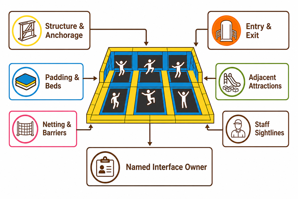 Interface map reviews structure, padding, netting, entries, adjacent attractions and staff sightlines with named owners.