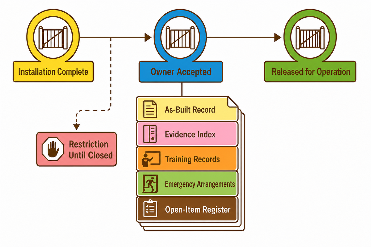 Commissioning timeline separates installation complete, owner accepted and released for operation with required handover records.