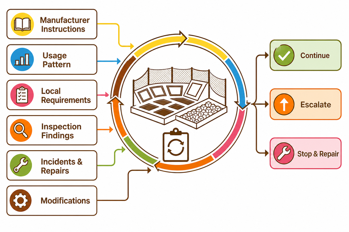 Maintenance loop combines instructions, use, environment, findings, incidents and modifications to set operating action.