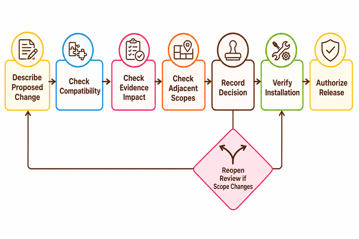 Change-control flow checks compatibility, evidence and adjacent scopes before recording, verifying and releasing a modification.