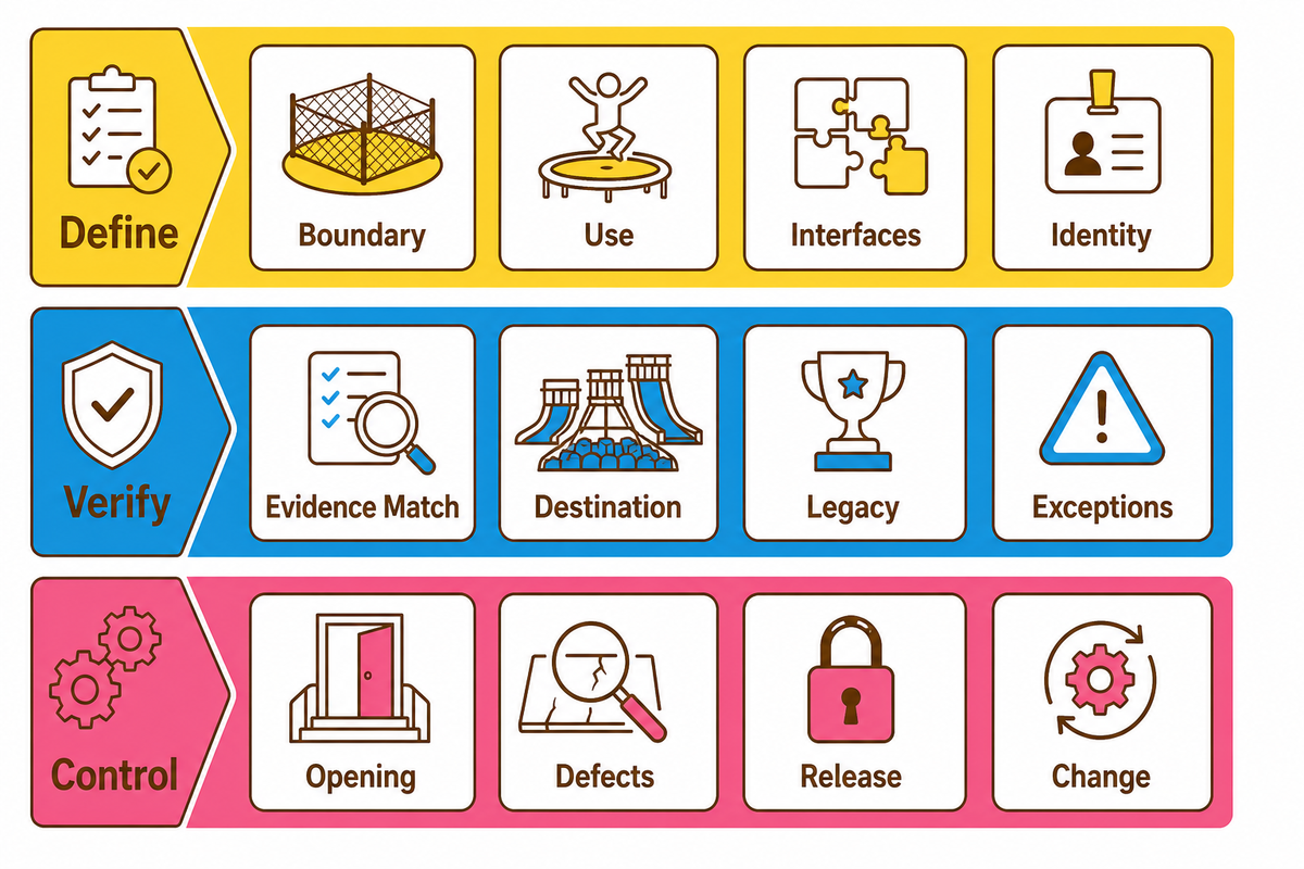 Twelve-card owner acceptance board covers boundary, use, interfaces, identity, evidence, destination, legacy, exceptions, opening, defects, release and change.