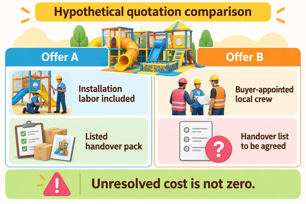 Hypothetical offers differ in installation labor and handover evidence; unresolved costs must not be entered as zero