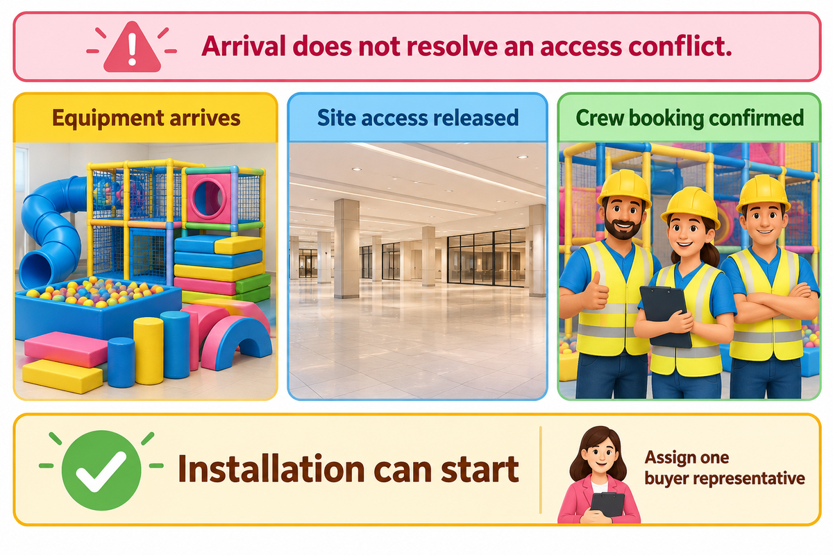 Equipment arrival and site access are separate prerequisites for confirming the installation crew's start