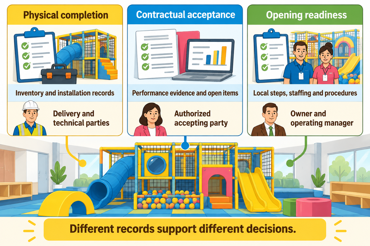 Physical completion, contractual acceptance and opening readiness require different evidence and decision owners