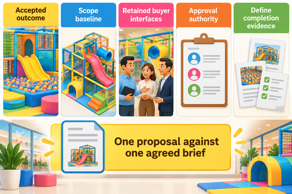 One agreed delivery brief connects the accepted outcome, scope, buyer interfaces, approval authority and completion evidence